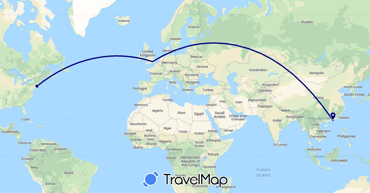 TravelMap itinerary: driving in China, United Kingdom, United States (Asia, Europe, North America)